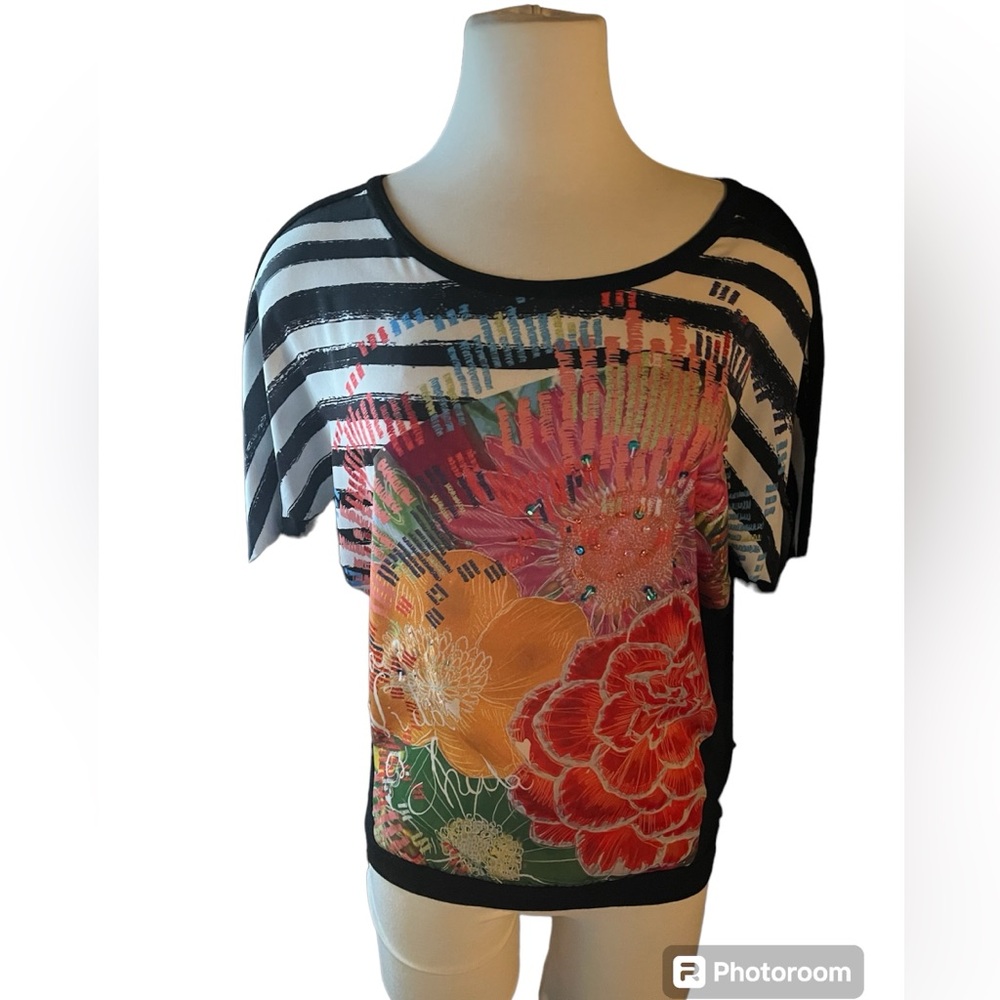 Desigual Beaded Floral Raglan Sleeve Shirt size Large